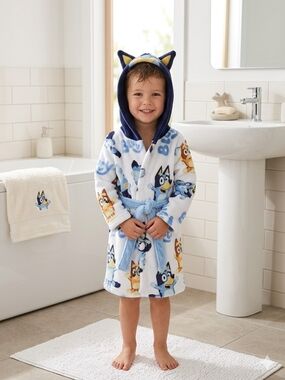 Kids Blue Character Hooded Bath Robe with Ear Detail